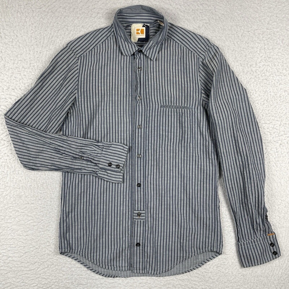 Hugo Boss Shirt Mens Medium Blue Gray Striped Preppy Casual Travel Workwear